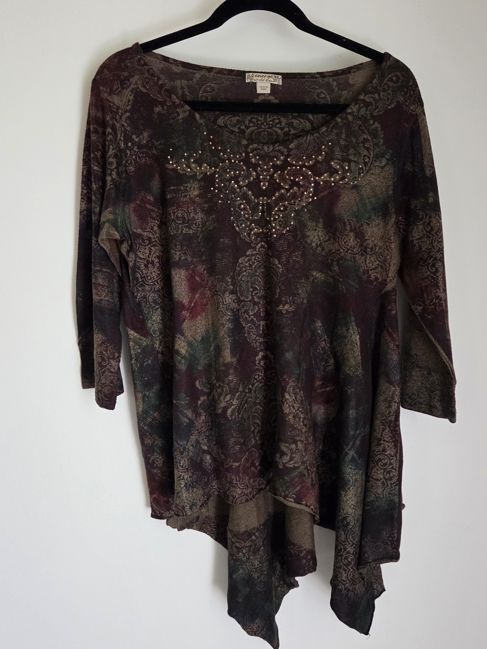 Energe World Wear Vintage Whimsigoth Floral Damask Studded Asymmetric Tunic Top